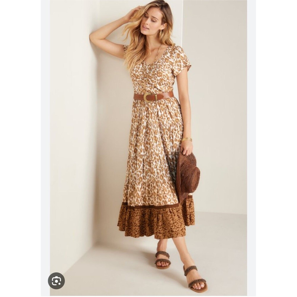 New Soft Surroundings Kara‎ Tiered Midi Dress Mocha Leopard XL 18 NWT Animal Tan